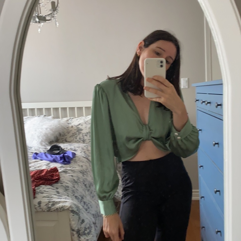 Crop silk mint green top